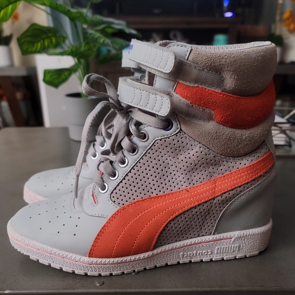 Puma Shoes - Puma Sky Wedge Gray & Orange High-Top Sneakers